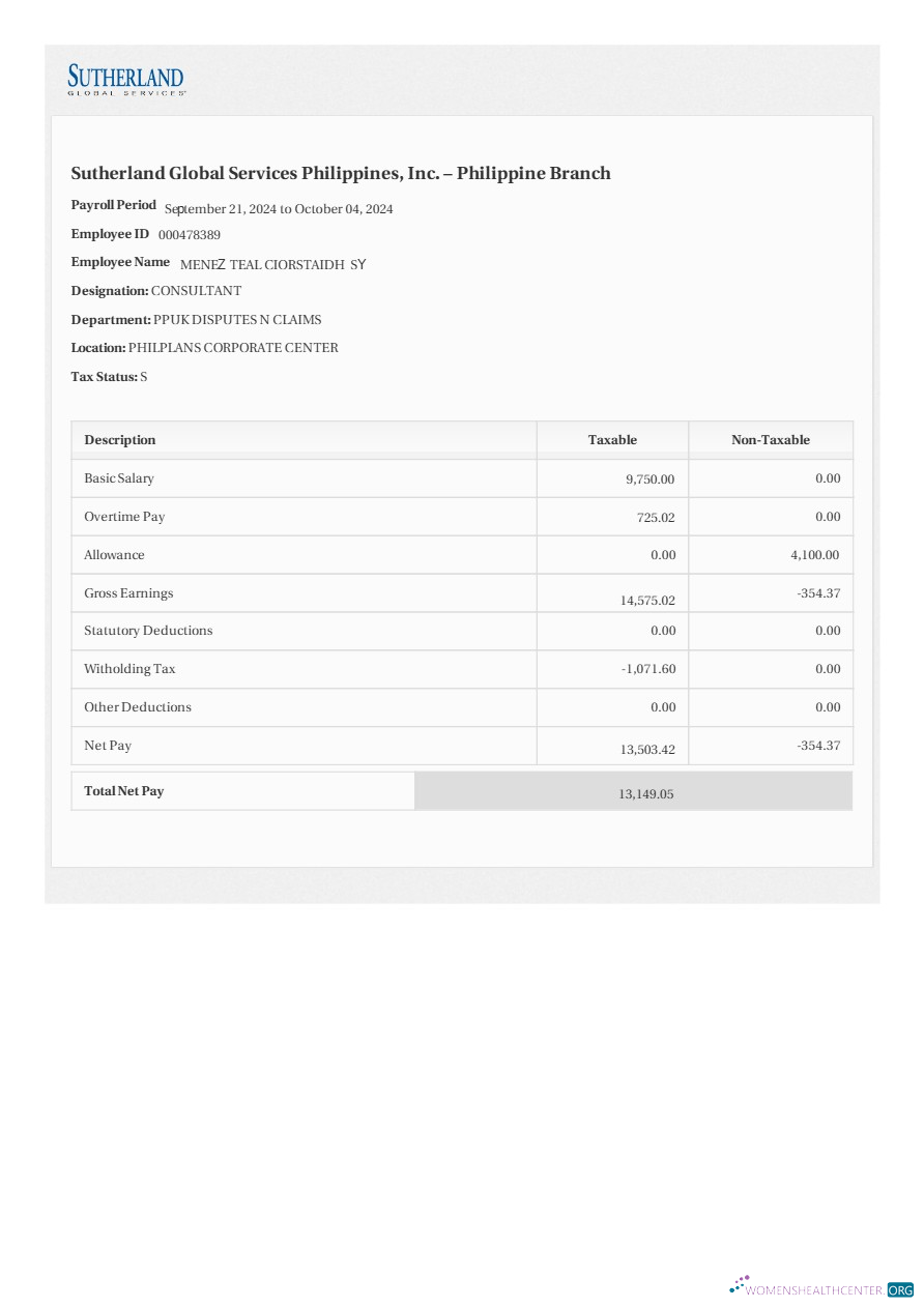 Download Sutherland Global Services Philippines payslip template in Word and PDF formats.pdf, 1 Photoshop template